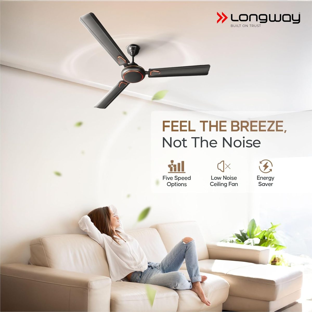 LONGWAY Kiger P1 1200 mm/48 inch Ultra High Speed 3 Blade Anti-Dust Decorative Star Rated Ceiling Fan (Smoked Brown, Pack of 1) - Image 6