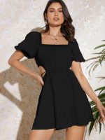 Aahwan Solid Summer Beach Square Neck Puff Sleeve Cut Out Waist Mini Dress For Women's & Girls - Image 4