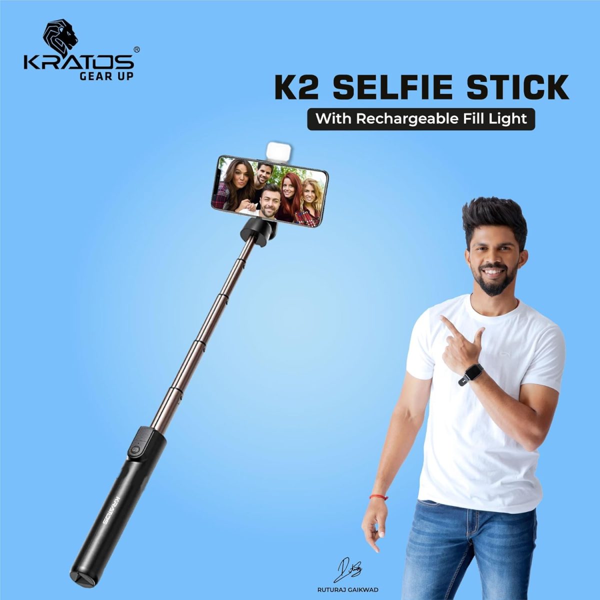 Kratos Selfie Stick Tripod Stand, 3 in 1 Multifunctional Design, Rechargable LED Light with Two Brighness Levels for Make up, Selfie & Photo Shoot, Selfie Stick with Bluetooth Remote (with Light) - Image 2
