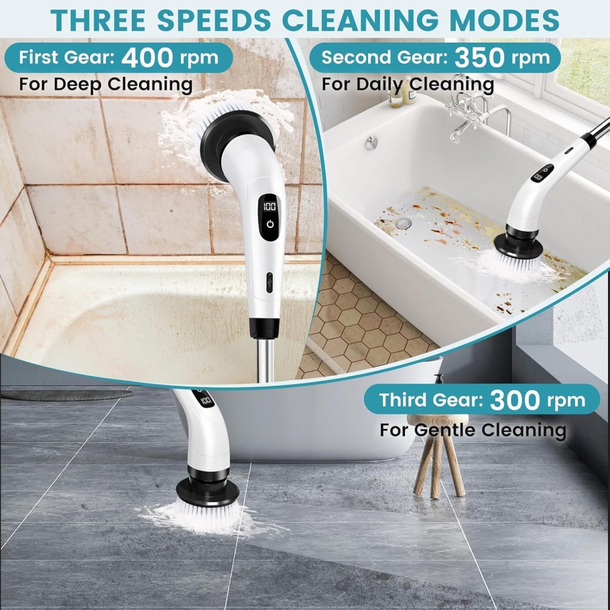 DADLM® Electric Spin Scrubber,Cleaning Brush Scrubber for Home, 400RPM/Mins-9 Replaceable Brush Heads-90Mins Work Time,Adjustable Size,2 Adjustable Speeds for Bathroom Shower Bathtub Glass Car (1) - Image 3