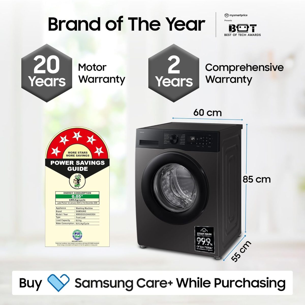 Samsung 9 kg, 5 star, AI EcoBubble, Super Speed, Wi-Fi, Hygiene Steam with Inbuilt Heater, Digital Inverter, Fully-Automatic Front Load Washing Machine (WW90DG5U24AXTL, Inox) - Image 4