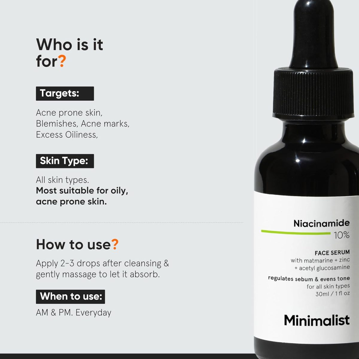 Minimalist Oil Control & Anti-Acne 10% Niacinamide Face Serum with Zinc | Skin Clarifying,Blemishes & Pore Care for All Skin Types | 30ml (Pack of 1) - Image 2