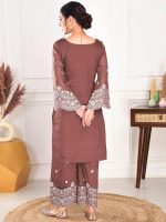 SHIENZY Women's Embroidered Chanderi Kurta Pant Set With Net Dupatta | V Neck, 3/4 Sleeve Ethnic Set | Outfit for Office & Festive Wear (1657 Kurta Set) - Image 2