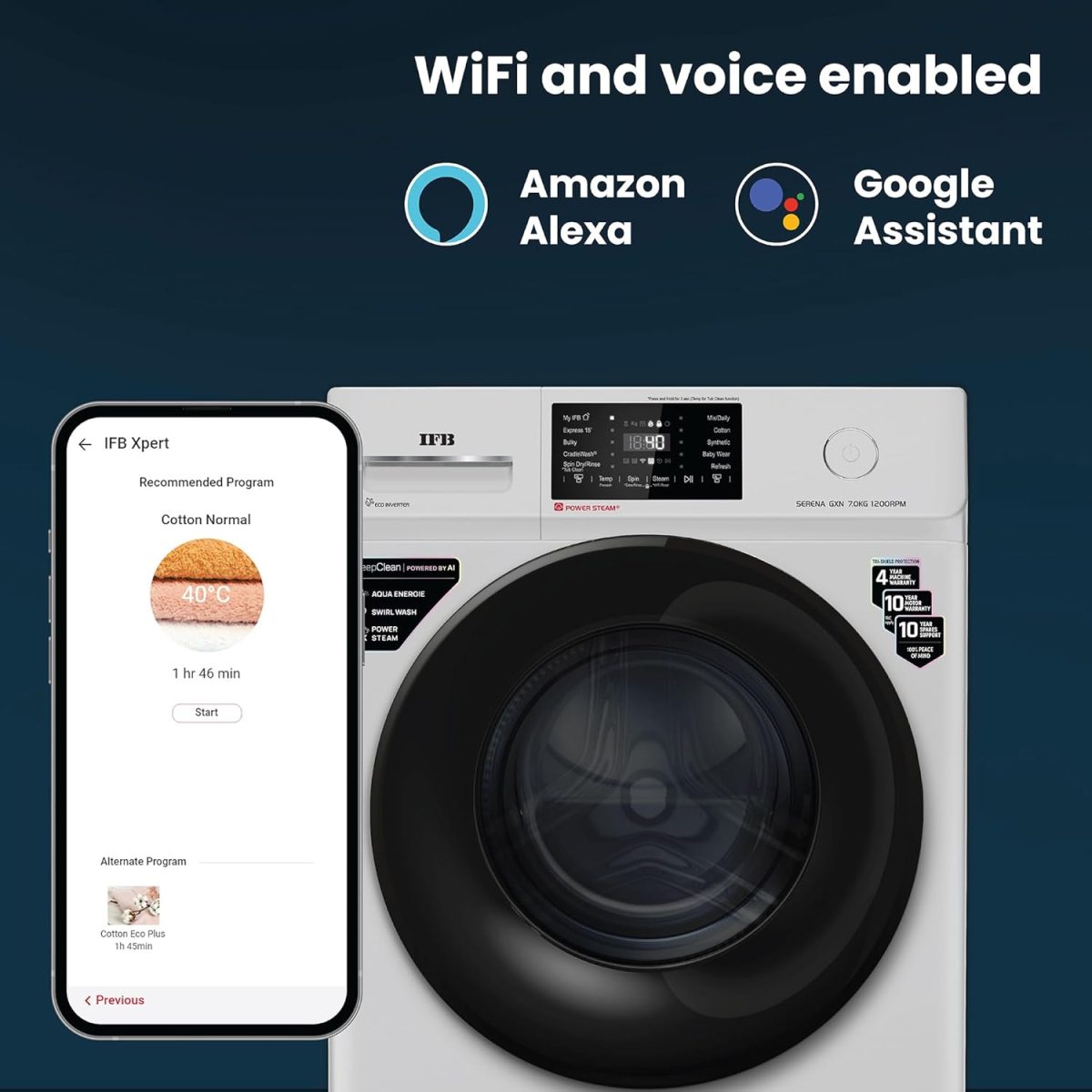IFB 7 Kg 5 Star Powered by AI with 9 Swirl Wash, WiFi, Fully Automatic Front Load Washing Machine (SERENA GXN 7012, Steam Refresh Program with Eco Inverter, Grey) - Image 13