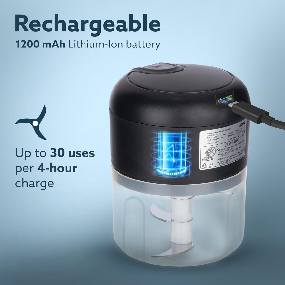 AGARO Elite Rechargeable Mini Electric Chopper, Food Grade Bowl, Stainless Steel Blades, One Touch Operation, for Mincing Garlic, Ginger, Onion, Vegetable, Meat, Nuts, 250 Ml, Black. - Image 6