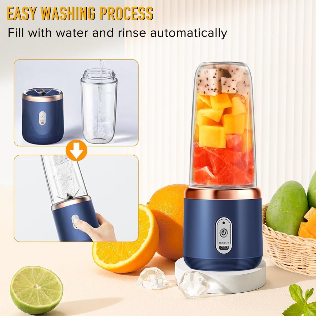 Qlect Portable Blender Electric Juicers Fruit Mixers USB Rechargeable Smoothie Mini Personal Juicer 6 Blades 3Gears With 1500 Mah Rechargeable Battery-Smoothie Blender(Blue) - Image 2