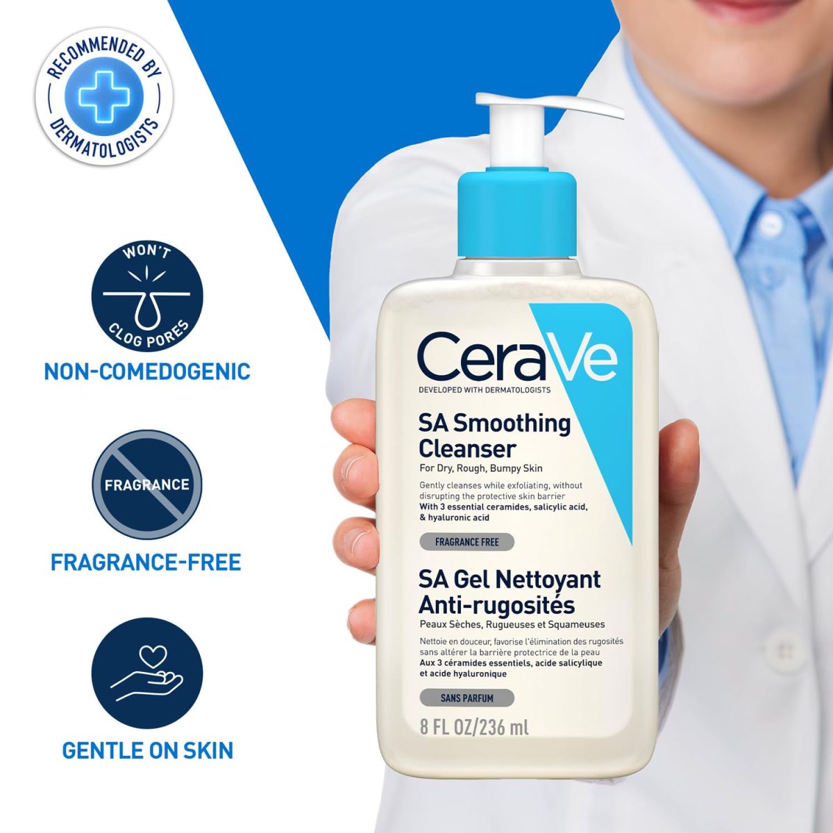 CeraVe SA Smoothing Cleanser For Dry, Rough & Bumpy Skin, contains Salicylic Acid, Dermatologist Recommended Face wash (236ml) - Image 4
