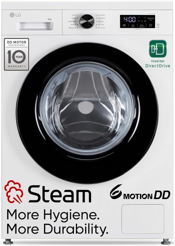 LG 8 Kg 5 Star Steam, Inverter Direct Drive Technology, 6 Motion DD, Fully-Automatic Front Load Washing Machine (FHB1208Z2W, Dial + Full Touch Buttons & LED Display, Essence White)