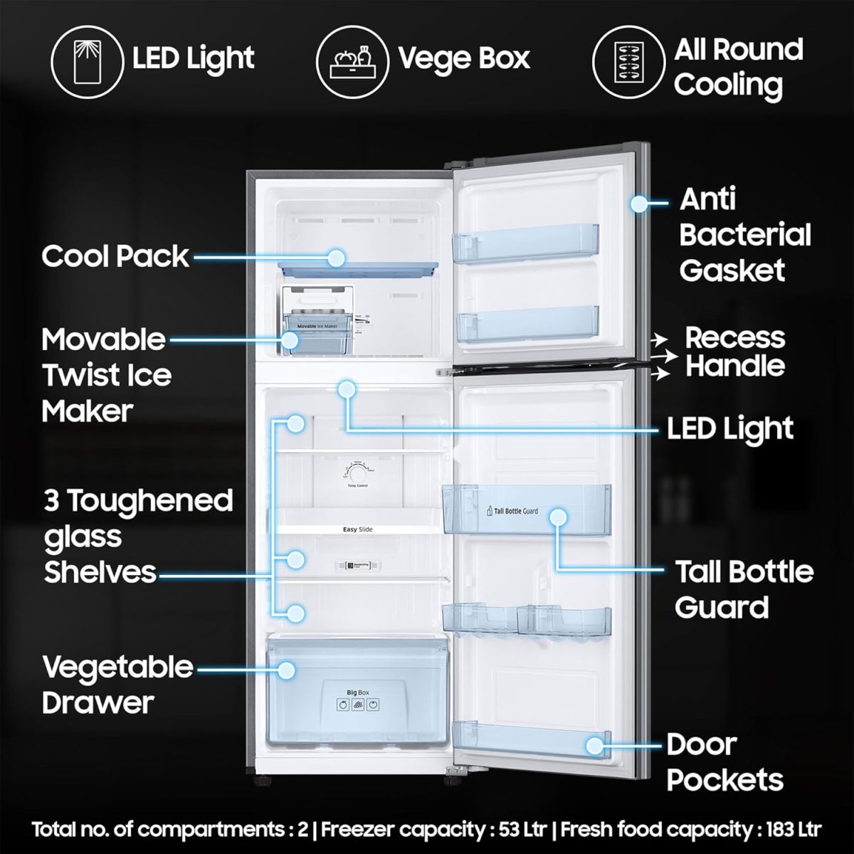 Samsung 236 L, 2 Star, Digital Inverter, Frost Free Double Door Refrigerator (RT28C3032GS/HL, Gray Silver) - Image 3