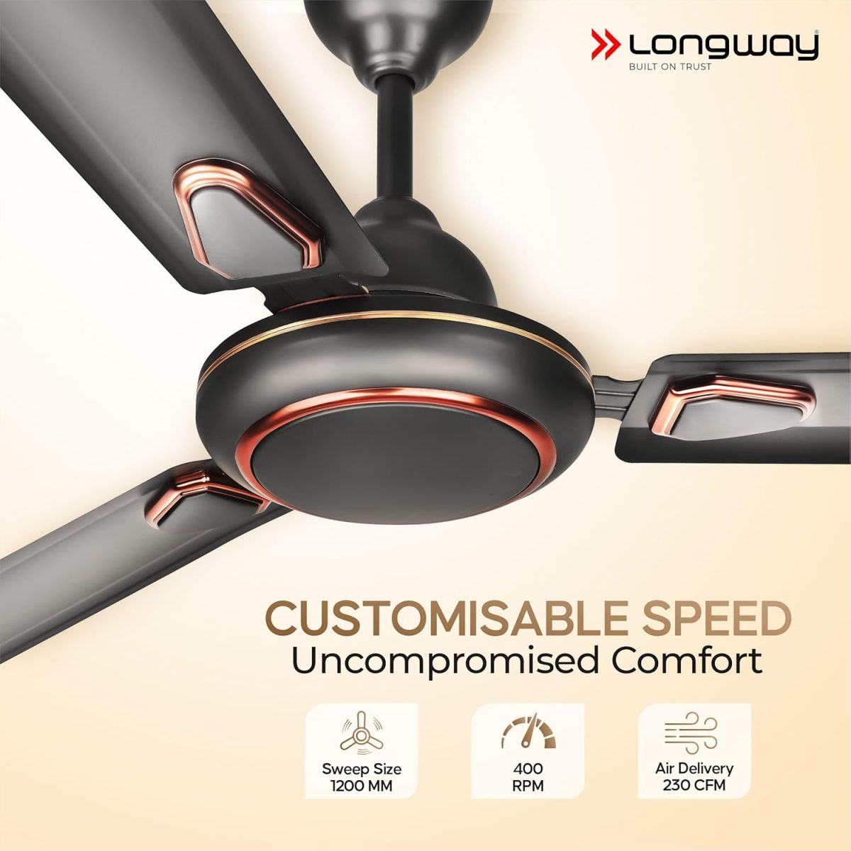 LONGWAY Kiger P1 1200 mm/48 inch Ultra High Speed 3 Blade Anti-Dust Decorative Star Rated Ceiling Fan (Smoked Brown, Pack of 1) - Image 3