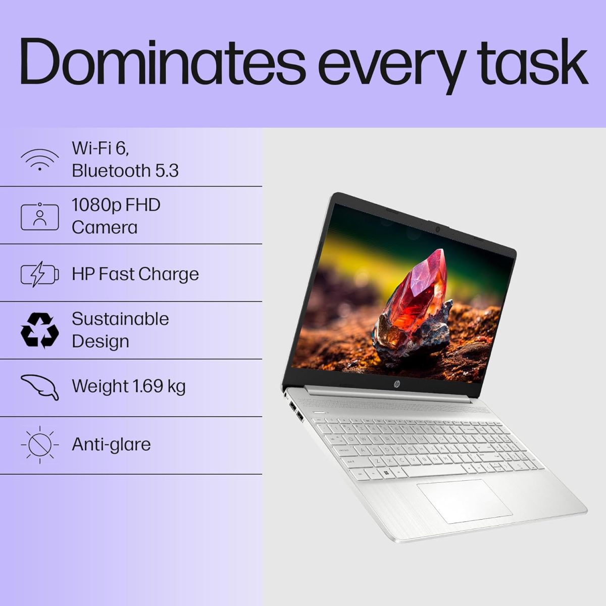 HP 15s, 12th Gen Intel Core i3-1215U Laptop (8GB DDR4, 512GB SSD) Anti-Glare, 15.6"/39.6cm, FHD, Win 11, MS Office 21, Silver, 1.69kg, Intel UHD Graphics, HD Camera, Dual Speakers, fy5011TU - Image 3