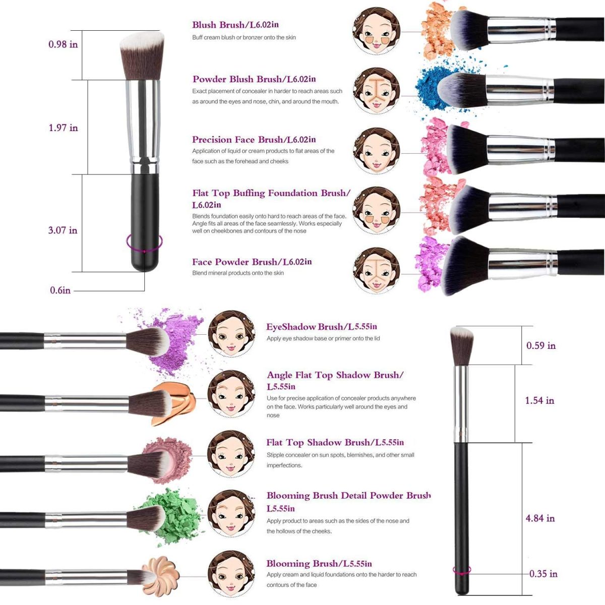 URBANMAC Premium Synthetic Kabuki Foundation Face Powder Blush Eyeshadow Brush Makeup Brush Kit with Blender Sponge and Brush Cleaner (10 pcs, Black/Silver) - Image 5