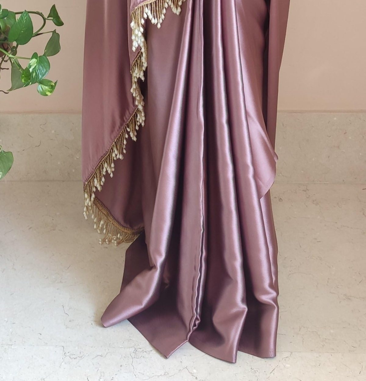 SHOPAZ Women's Ready to Wear Rose Gold Satin Silk 1 Minute Pre Pleated Heavy Saree with Hand Work Tassels - Image 5