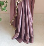 SHOPAZ Women's Ready to Wear Rose Gold Satin Silk 1 Minute Pre Pleated Heavy Saree with Hand Work Tassels - Image 5