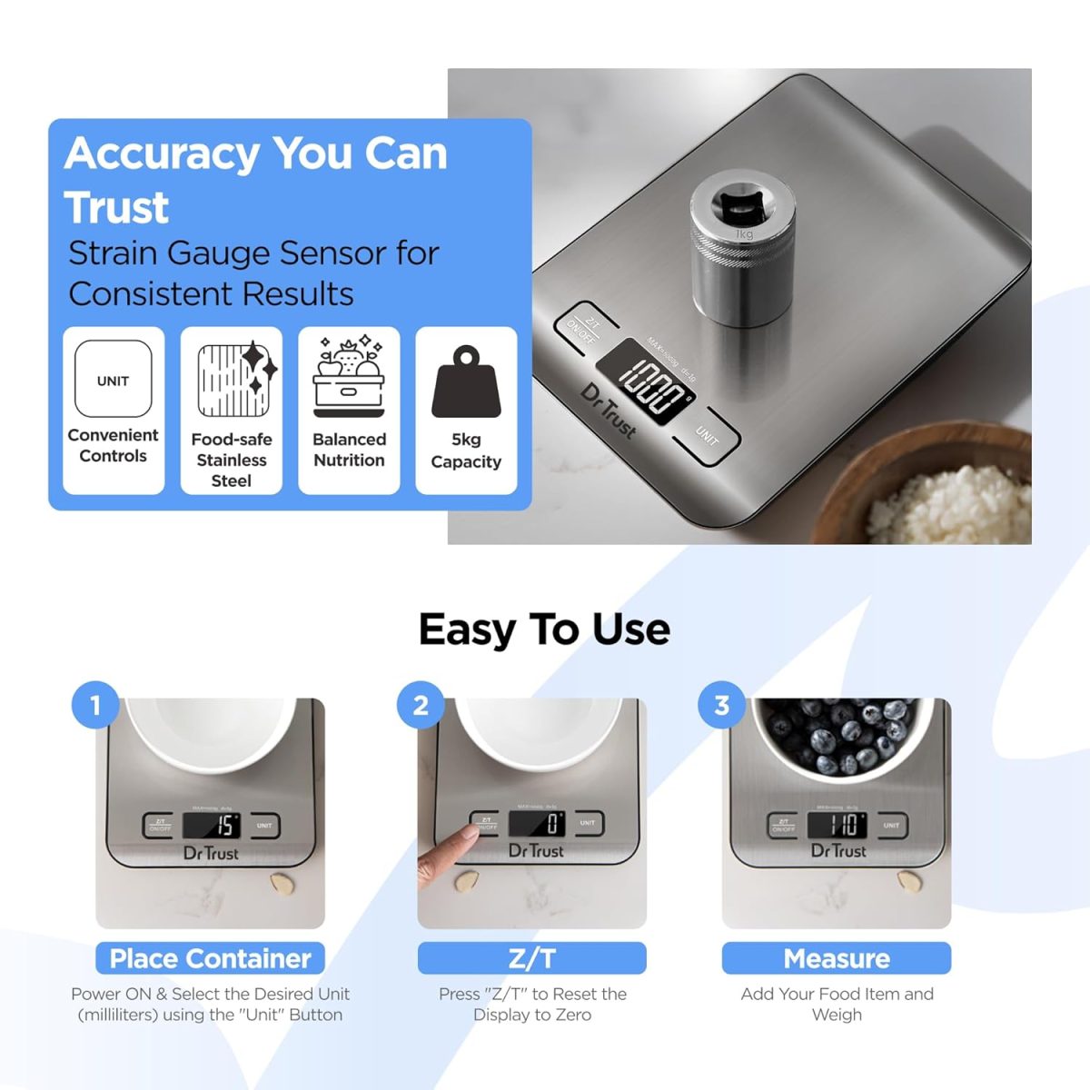 Dr Trust USA Stainless Steel Electronic Kitchen Digital Scale Weighing Machine For Health, Fitness, Diet, Nutrition, Cooking and Home Baking with Touch Button, Tare Function (5 Kg)-529 - Image 5