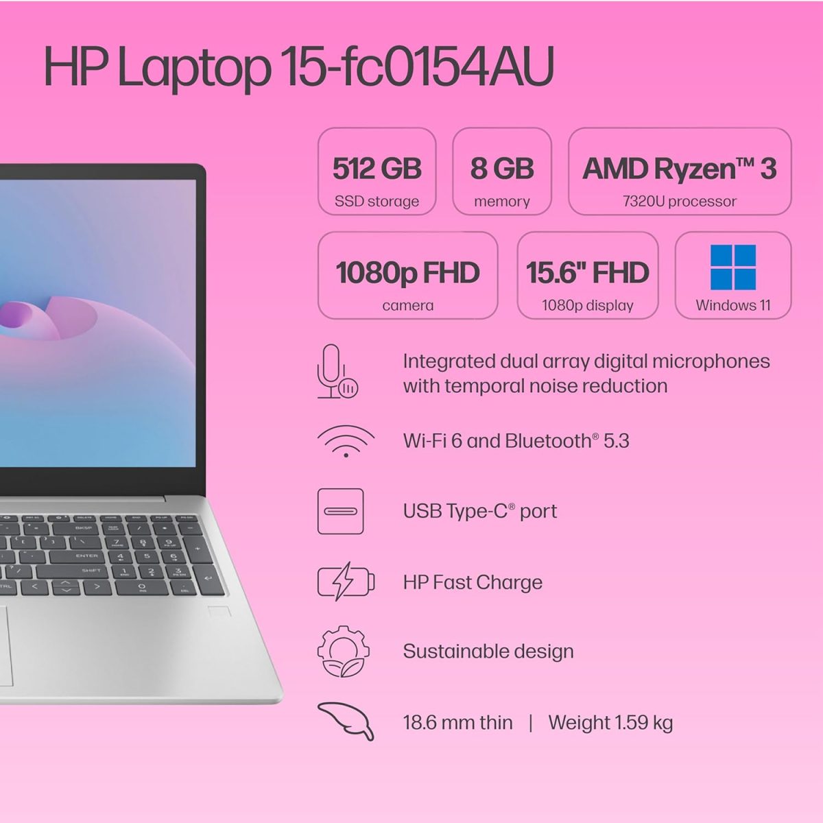 HP 15, AMD Ryzen 3 7320U Laptop (8GB LPDDR5, 512GB SSD) Anti-Glare, Micro-Edge, 15.6"/39.6cm,FHD, Win 11, Silver, 1.59kg, AMD Radeon Graphics, 1080p HD Camera, fc0154AU - Image 11