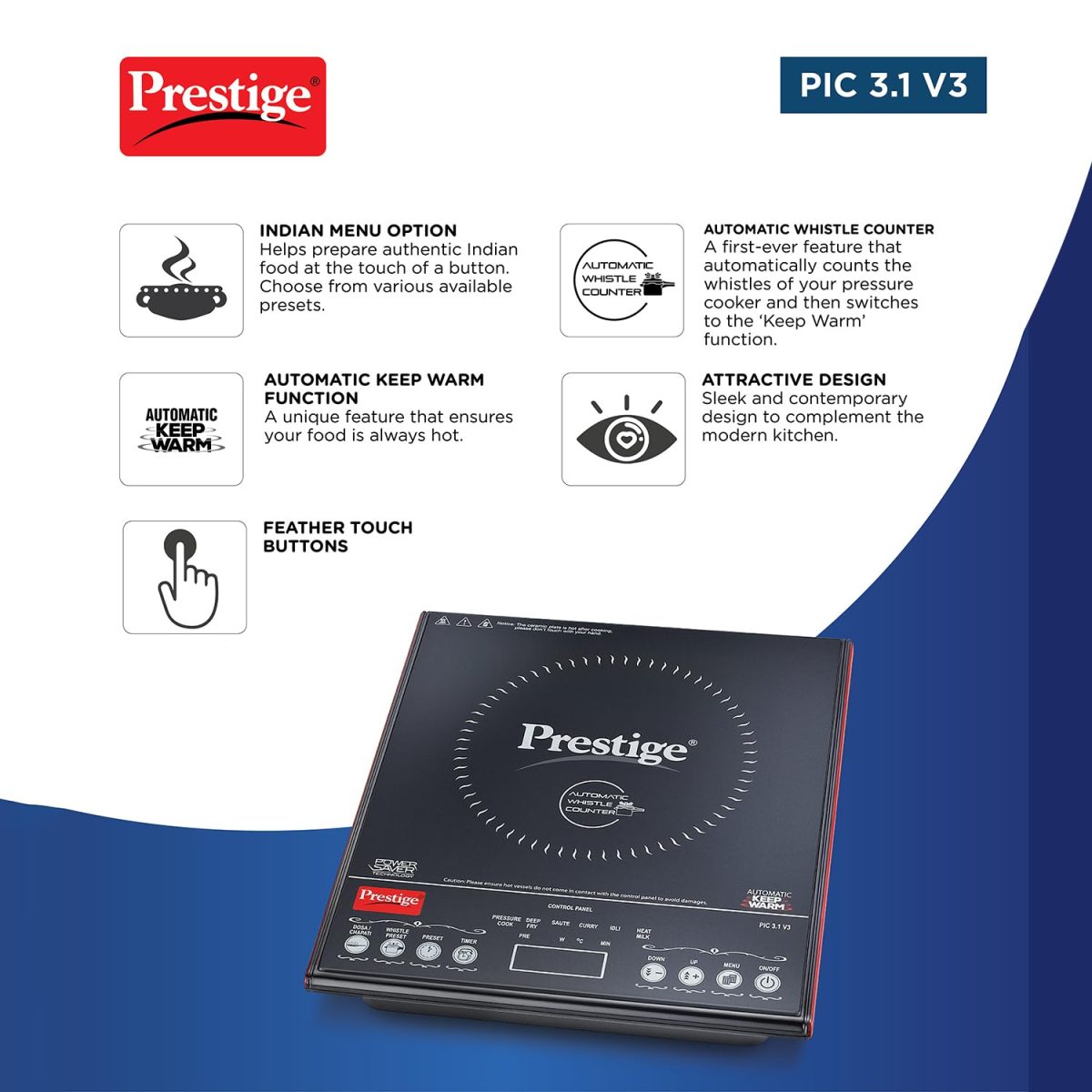 Prestige Iris Plus 1600 Watts Induction Cooktop with Automatic Voltage Regulator | Indian Menu Option |Anti-Magnetic Wall | Timer with User Pre-set | 1 Year Warranty | Black - Image 4