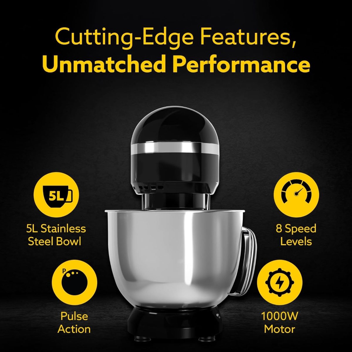 AGARO Royal Stand Mixer 1000W with 5L SS Bowl and 8 Speed Setting Includes Whisking Cone, Mixing Beater & Dough Hook, and Splash Guard, 2 Years Warranty by Brand - Image 6