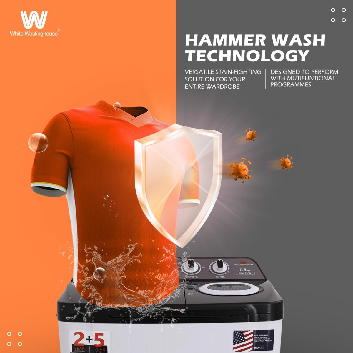 White Westinghouse 7.5 kg 3D Wash Semi Automatic Top Loading Washing Machine (SFW7500/ BLACK/ 2023) - Image 2