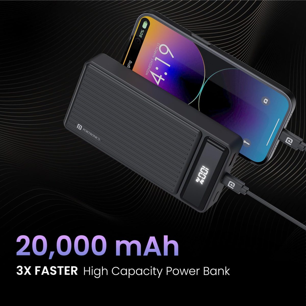Portronics Luxcell B 20K Advanced 20000 mAh Power Bank with 22.5W Max Output, LED Battery Display, 22.5w Mach USB-A Output, 20w Type C PD Output, Type C Input, Wake Up Button(Black) - Image 3