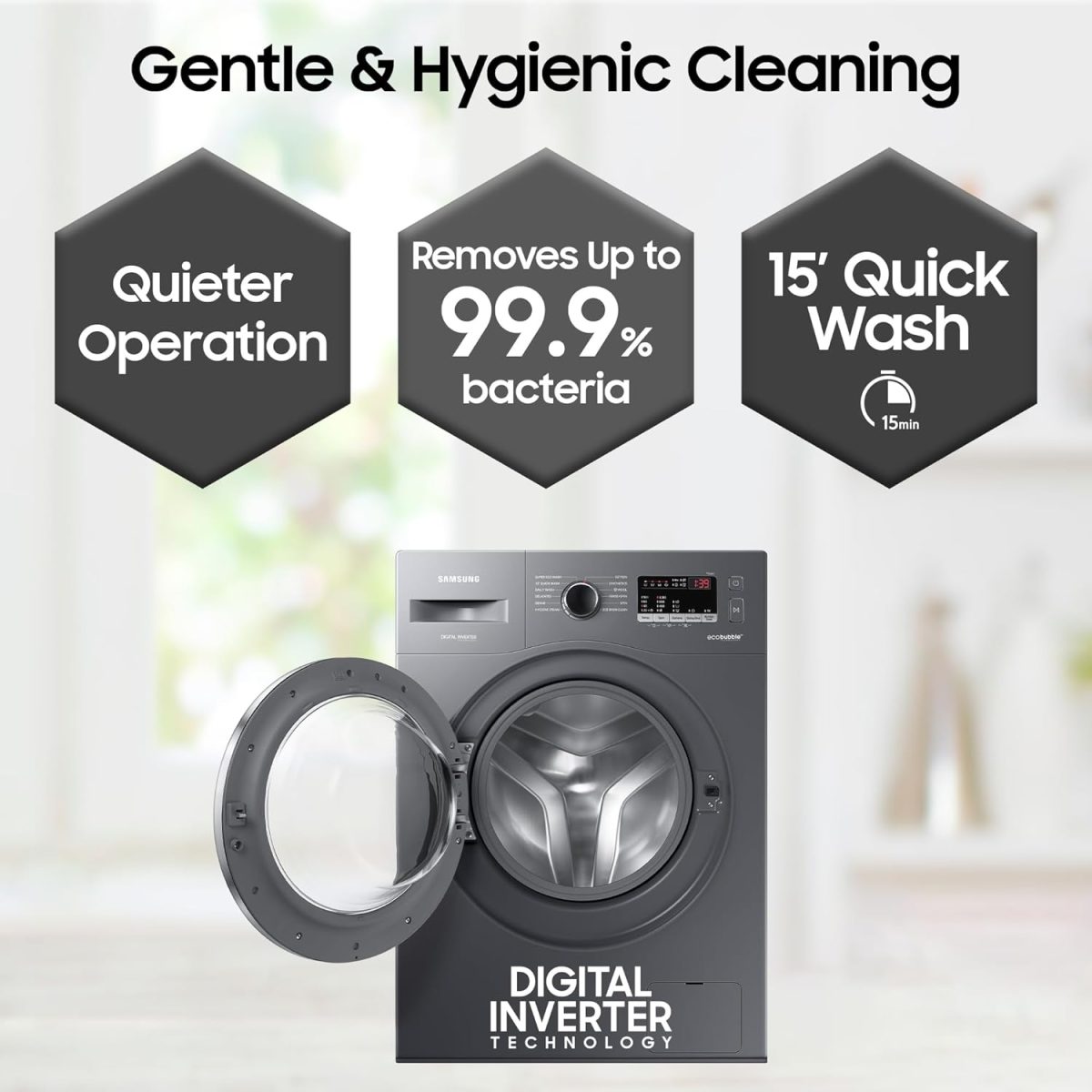 Samsung 7 kg, 5 star, EcoBubble Technology, Hygiene Steam with Inbuilt Heater, Digital Inverter, Fully-Automatic Front Load Washing Machine (WW70R22EK0X/TL, INOX GRAY) - Image 3