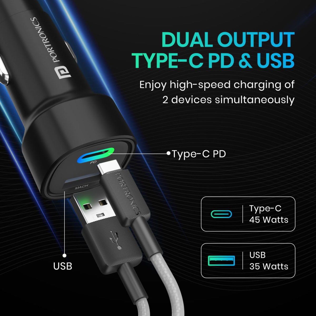 Portronics 80W Dual Output Fast Car Charger with Type-C PD & USB, LED Indicator, Charging Adapter Compatible with Cars for iPhone & Android Smartphone, Smartwatch, Earbud, Power Bank (Black) - Image 3