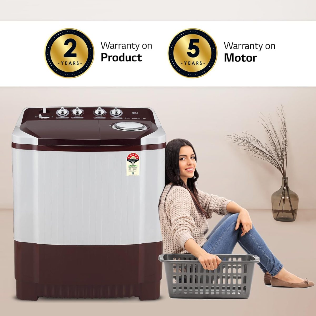 LG 8.5 kg 5 Star Semi-Automatic Top Load Washing Machine (P8530SRAZ, Burgundy, Roller Jet Pulsator) - Image 5