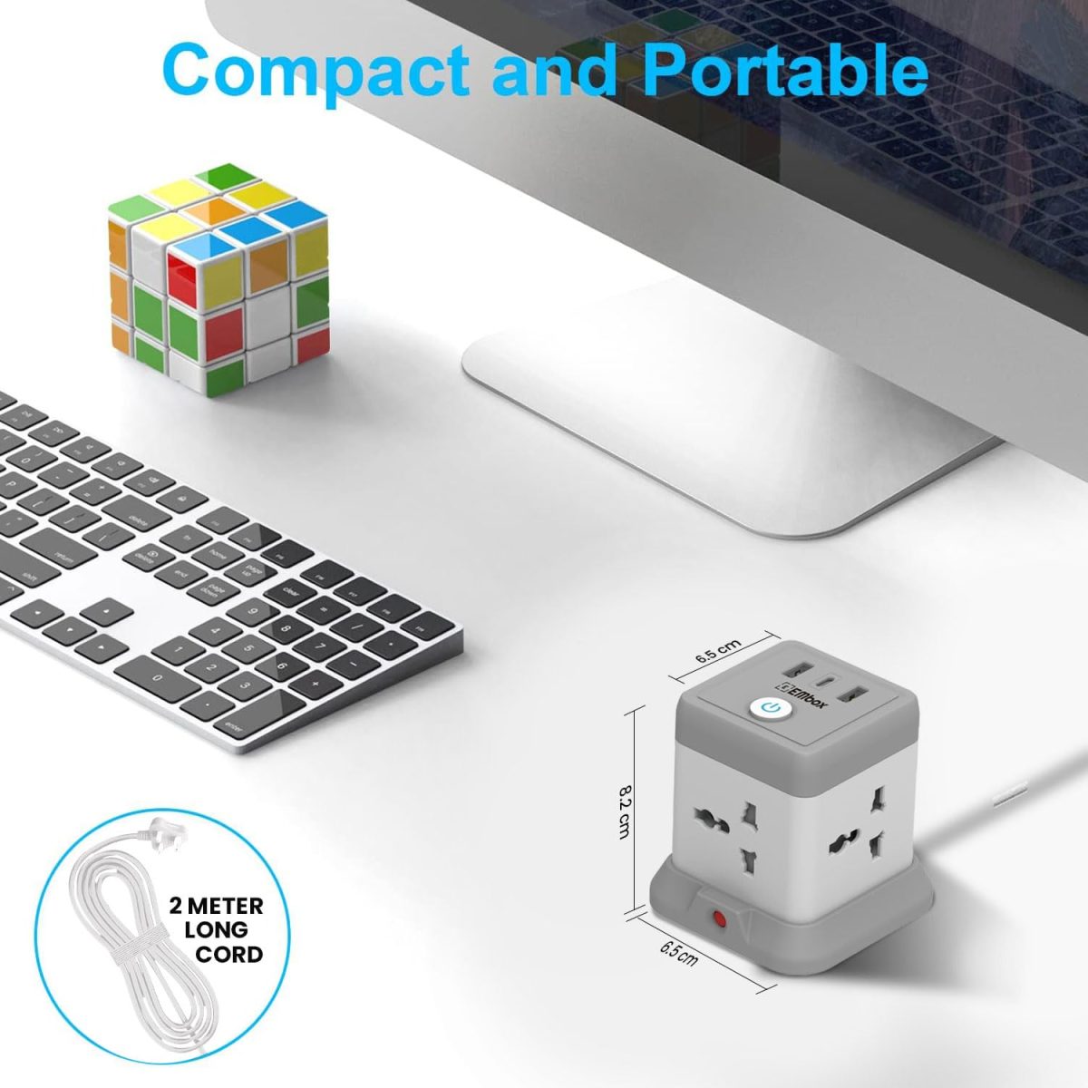 EMBOX Cube Extension Board with USB Port Universal Sockets and USB (2.4 A) (QC 3.0) Extension Board with Switches Overload Protector, Indicator, 2 Meter Extension Cord - Image 8