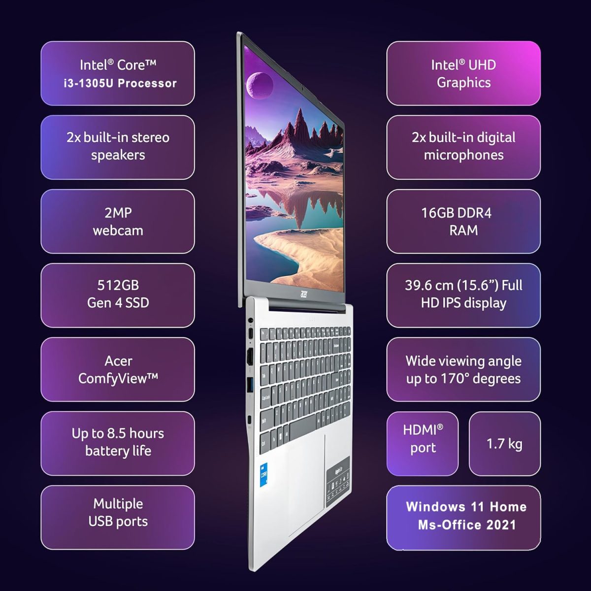acer (2025 Aspire 3 Intel Core i3 13th Gen 1305U - (16 GB/512 GB SSD/Intel Graphics/Windows 11 Home) Thin and Light Laptop/15.6" FHD IPS Display/Metal Body/Silver/1.5 Kg/Office 2021/3 Years Warranty - Image 3