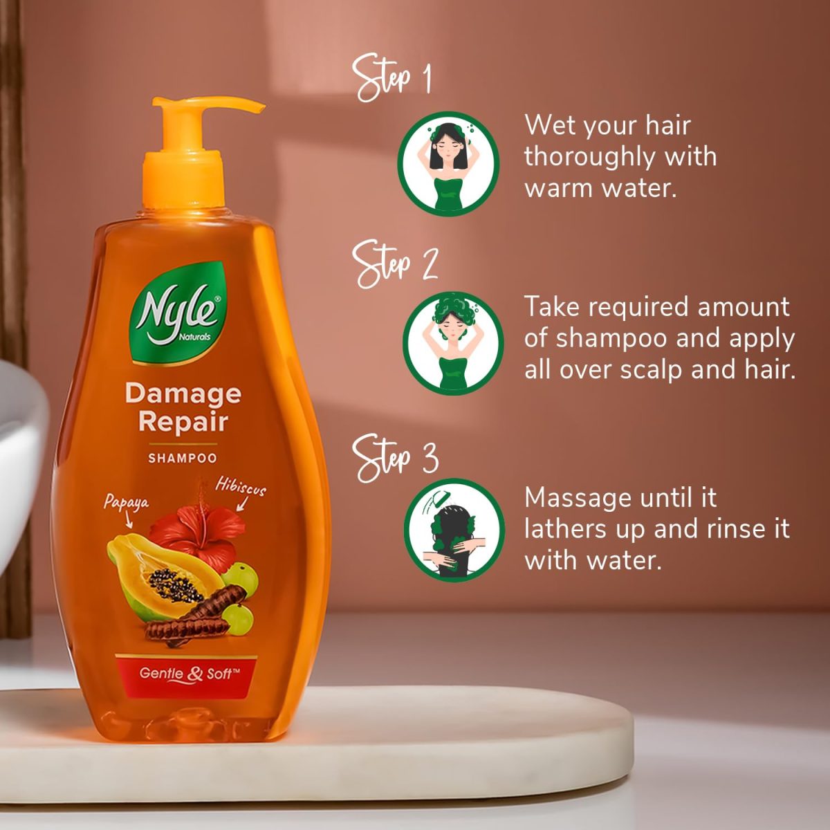 Nyle Naturals Damage Repair Shampoo 400 ml | Hair Repairing Shampoo with Papaya, Hibiscus, & Shikakai | pH Balanced & Paraben Free Gentle & Soft Shampoo For Women & Men - Image 6