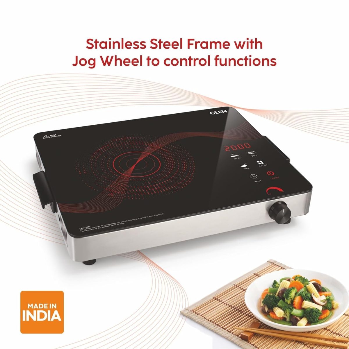 Glen 2000W Infrared Induction Stove with Grill Rack for Barbecue, Crystal Glass Plate, Digital Display, 3 Preset Cooking Modes, Touch Control, Infrared Cooktop Hot Plate (SA3074_Infra) - Image 2