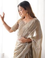 SIRIL Women's Organza Sequence Embroidery Scollped Border Saree With Unstitched Blouse Piece - Image 7