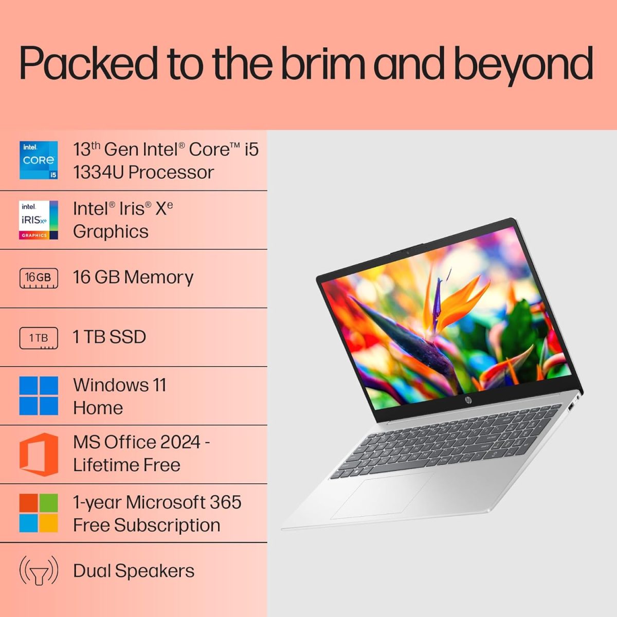 HP 15, 13th Gen Intel Core i5-1334U Laptop (16GB DDR4,1TB SSD) Anti-Glare, Micro-Edge,15.6''/39.6cm, FHD, Win11, M365 Basic(1yr),Office Home24, Silver,1.59kg, Iris Xe, FHD Camera w/Shutter, FD0552TU - Image 3