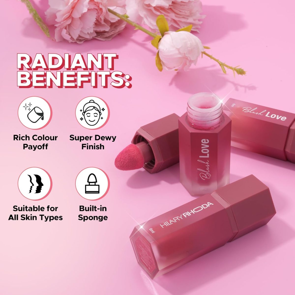Hilary Rhoda Blush Love | Highly Pigmented Liquid Blush & Super Dewy Finish | Built-in Sponge | All Day Wear & Buildable Formula | Leak-Proof - 6ml (Scandalous | Shade 06) - Image 5