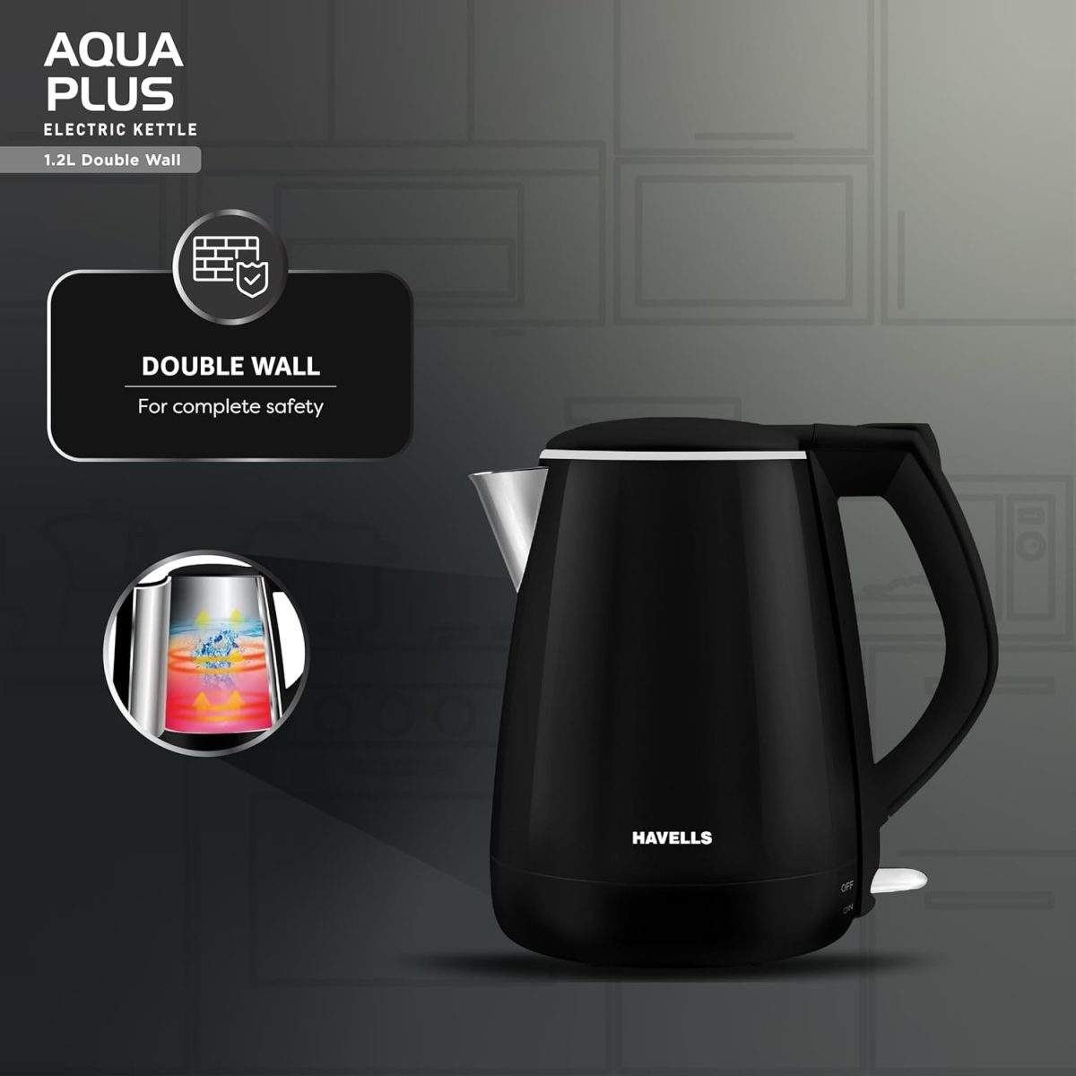 Havells Aqua Plus Electric Kettle 1.2 Litre, 1250 Watt | 304 Stainless Steel Inner Body | Cool Touch Body | Auto Shut-Off |Wider Mouth| 2 Year Warranty (Black) - Image 3