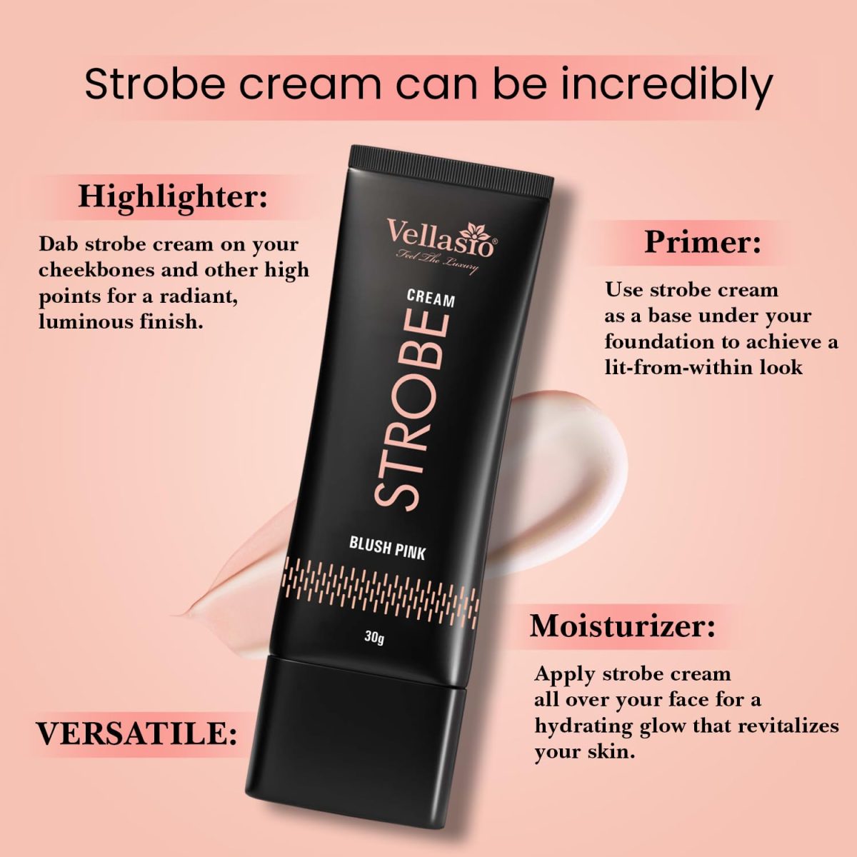 ellasio Strobe Cream - Blush Pink | Face Illuminator & Primer with Hyaluronic Acid, Squalene & Japanese Sakura | Dewy Glow, Hydration, Non-Comedogenic for All Skin Types - 30g - Image 3