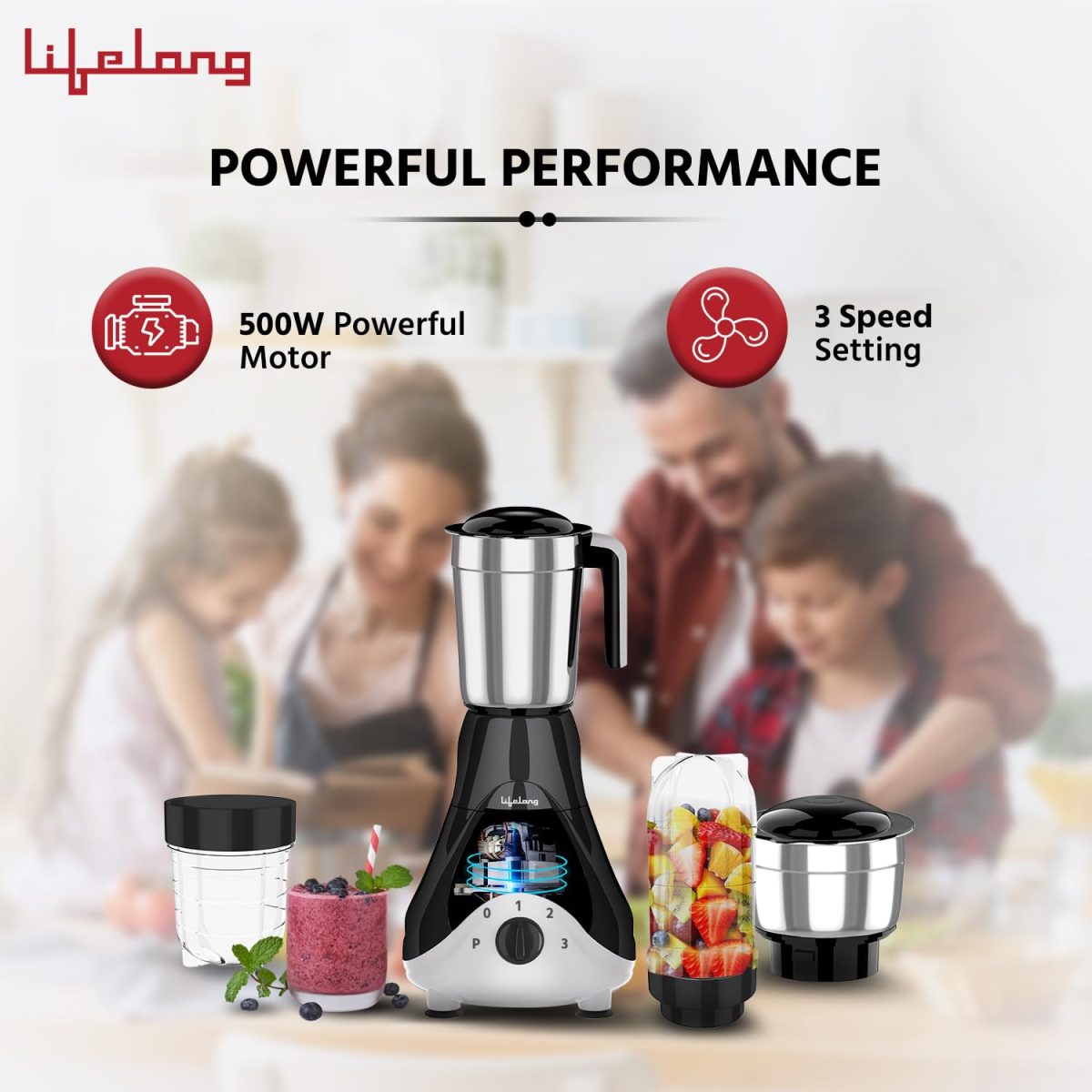 Lifelong Mixer Grinder for Kitchen - 4 Jars 500 Watt Mixie - 2 Nutri bullet Jars for Smoothie & Blending, Chutney Jar & Liquidizing Jar used as Wet Grinder & Blender - Stainless Steel Blades (LLMG39) - Image 3