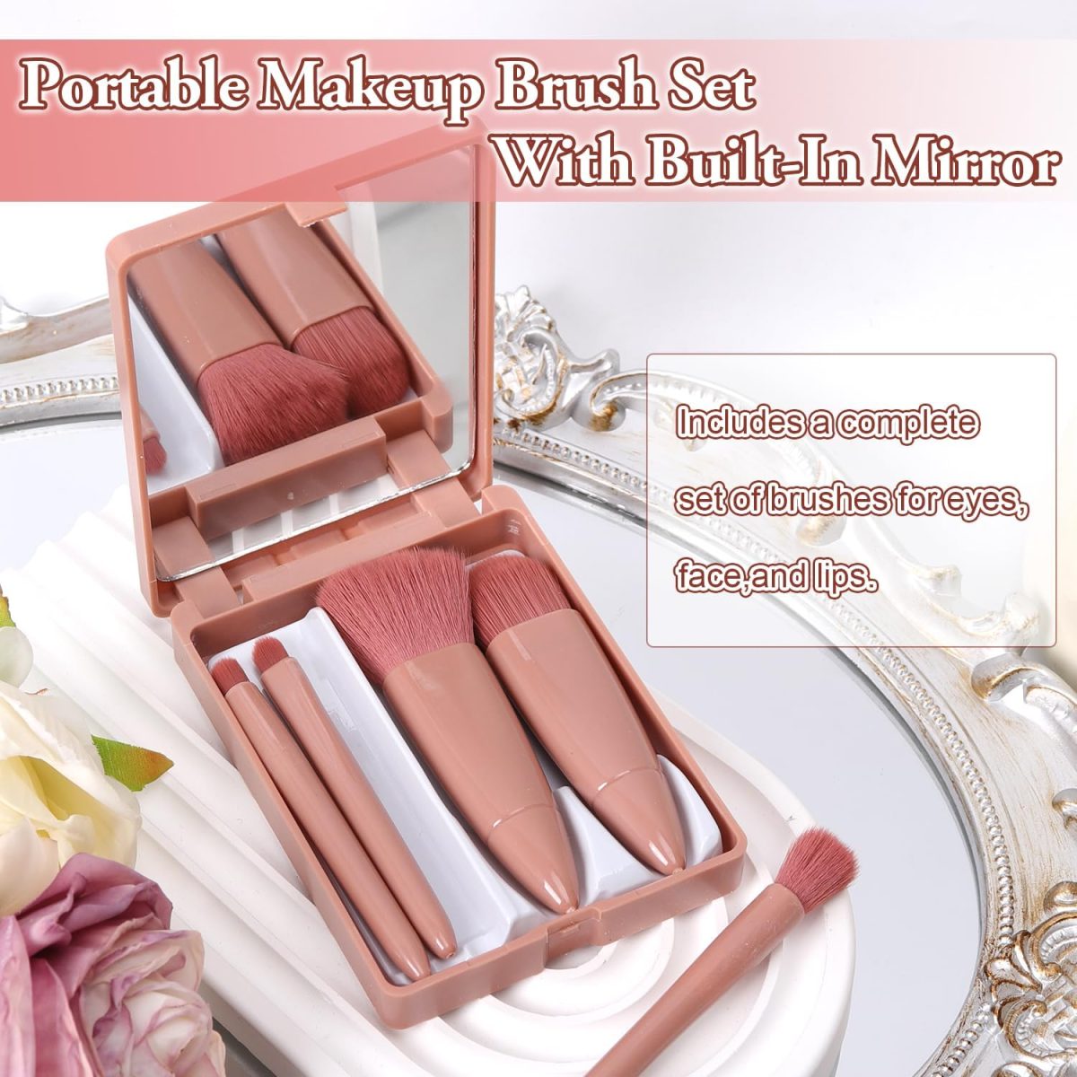 Kahan Travel Size Makeup Brushes Set Mini Makeup Brushes, Small Complete Function Cosmetic Brushes Kit with Case and Mirror Perfect for On The Go, 5PC (Mini Pink) - Image 3