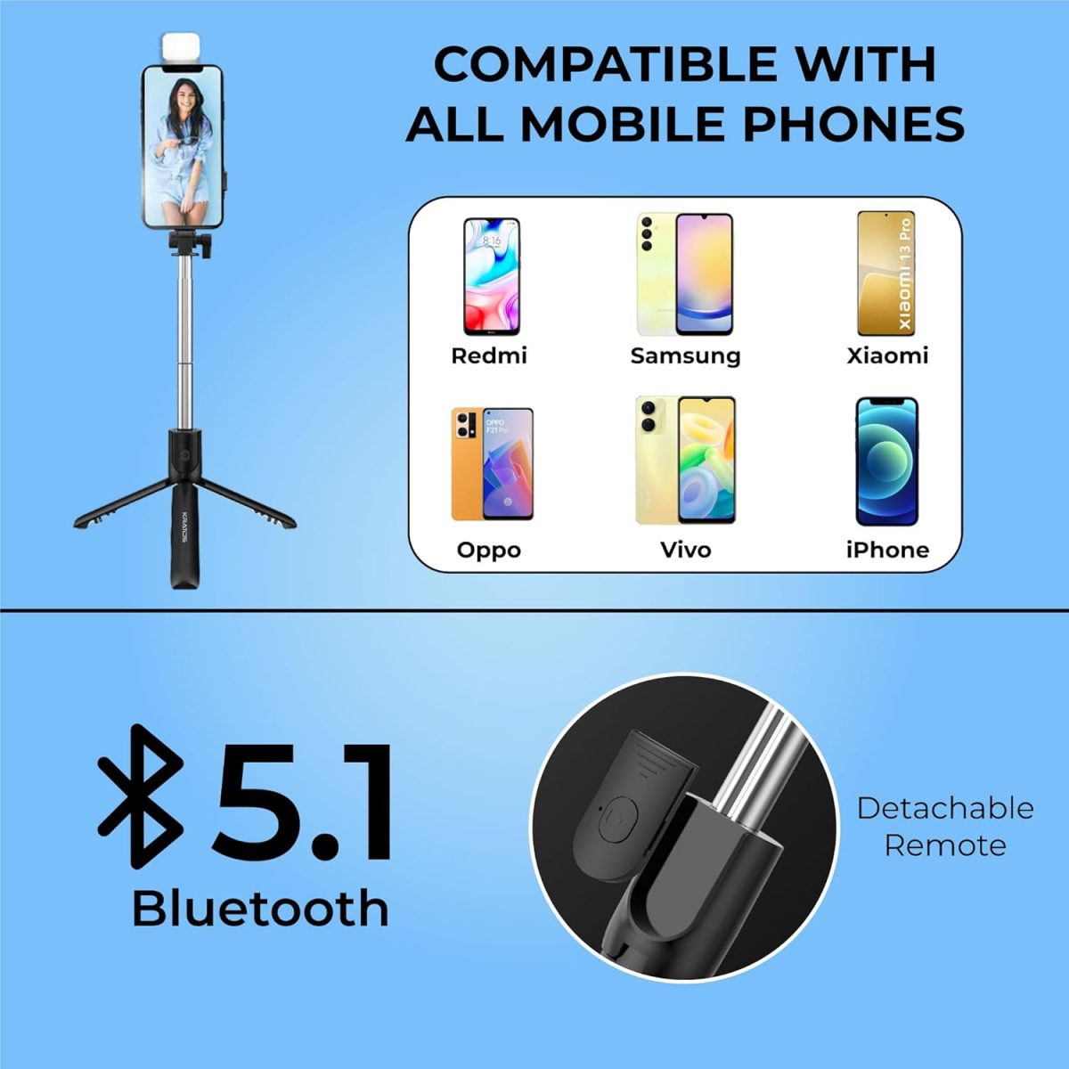 Kratos Selfie Stick Tripod Stand, 3 in 1 Multifunctional Design, Rechargable LED Light with Two Brighness Levels for Make up, Selfie & Photo Shoot, Selfie Stick with Bluetooth Remote (with Light) - Image 6