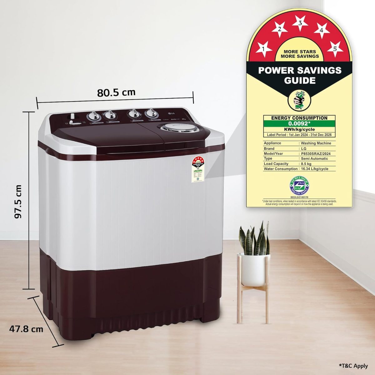 LG 8.5 kg 5 Star Semi-Automatic Top Load Washing Machine (P8530SRAZ, Burgundy, Roller Jet Pulsator) - Image 4