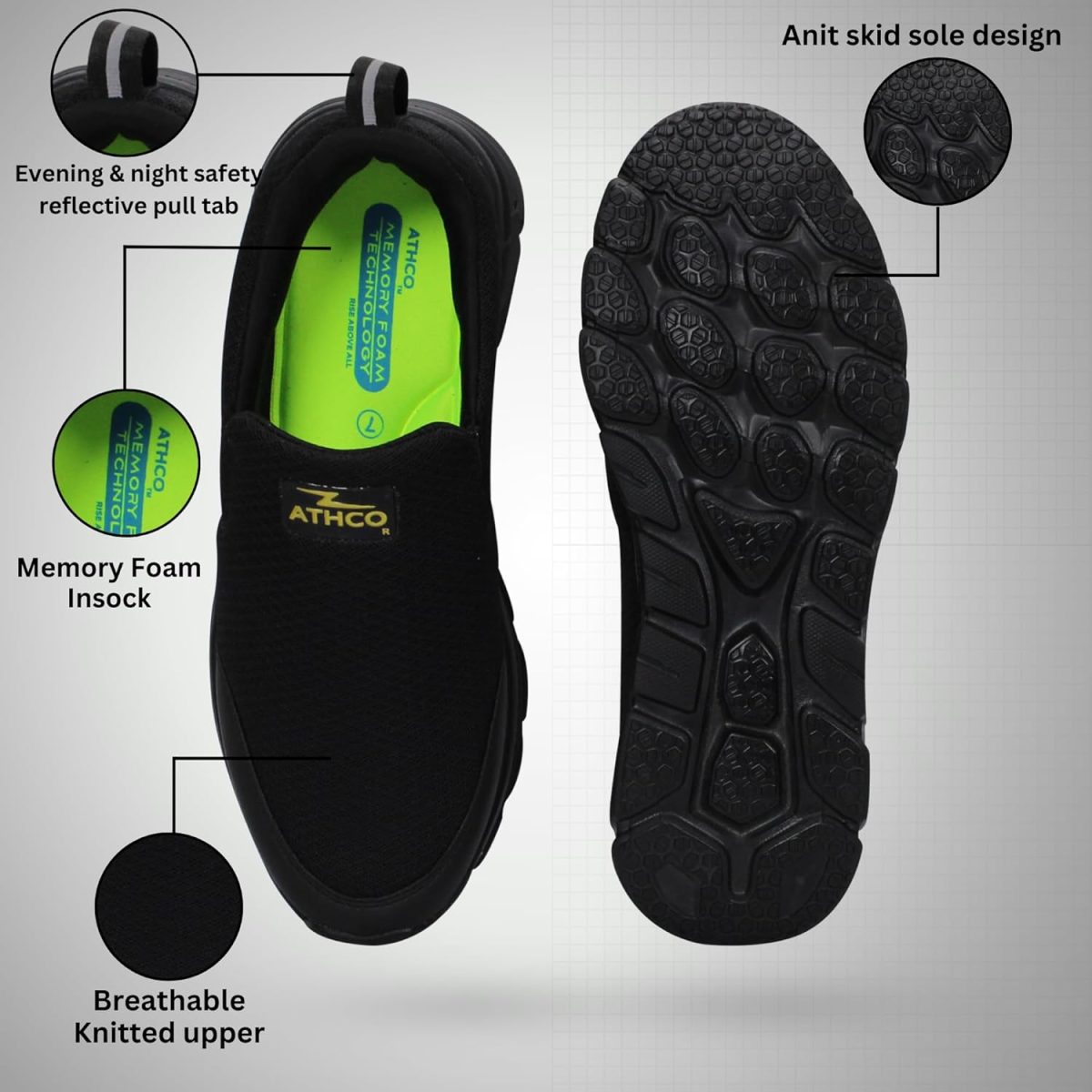 ATHCO Mens Oxyflo Memory Foam Comfort Shoes|Running|Walking|Training|Gym|Jogging|Sneaker|Athletic|Slipon|Flexible|Lightweight|Dailyuse|Sports|Casual|ExtraSoft|Fitness - Image 3
