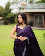 Yashika Women's Hot Fix Solid Color Satin Moss Saree with Unstitched Blouse Material - Image 2
