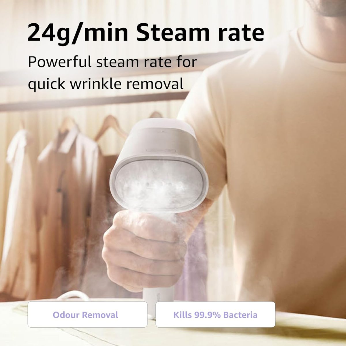 Xiaomi Handheld Garment Steamer, Foldable travel steam iron for clothes, Vertical and Horizontal, Powerful 1300 Watt fast heat up, Kills 99.9%* bacteria, White - Image 4