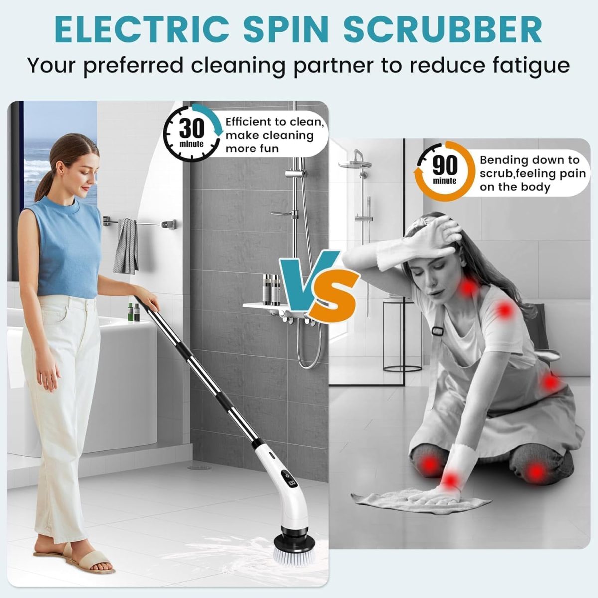 DADLM® Electric Spin Scrubber,Cleaning Brush Scrubber for Home, 400RPM/Mins-9 Replaceable Brush Heads-90Mins Work Time,Adjustable Size,2 Adjustable Speeds for Bathroom Shower Bathtub Glass Car (1) - Image 5