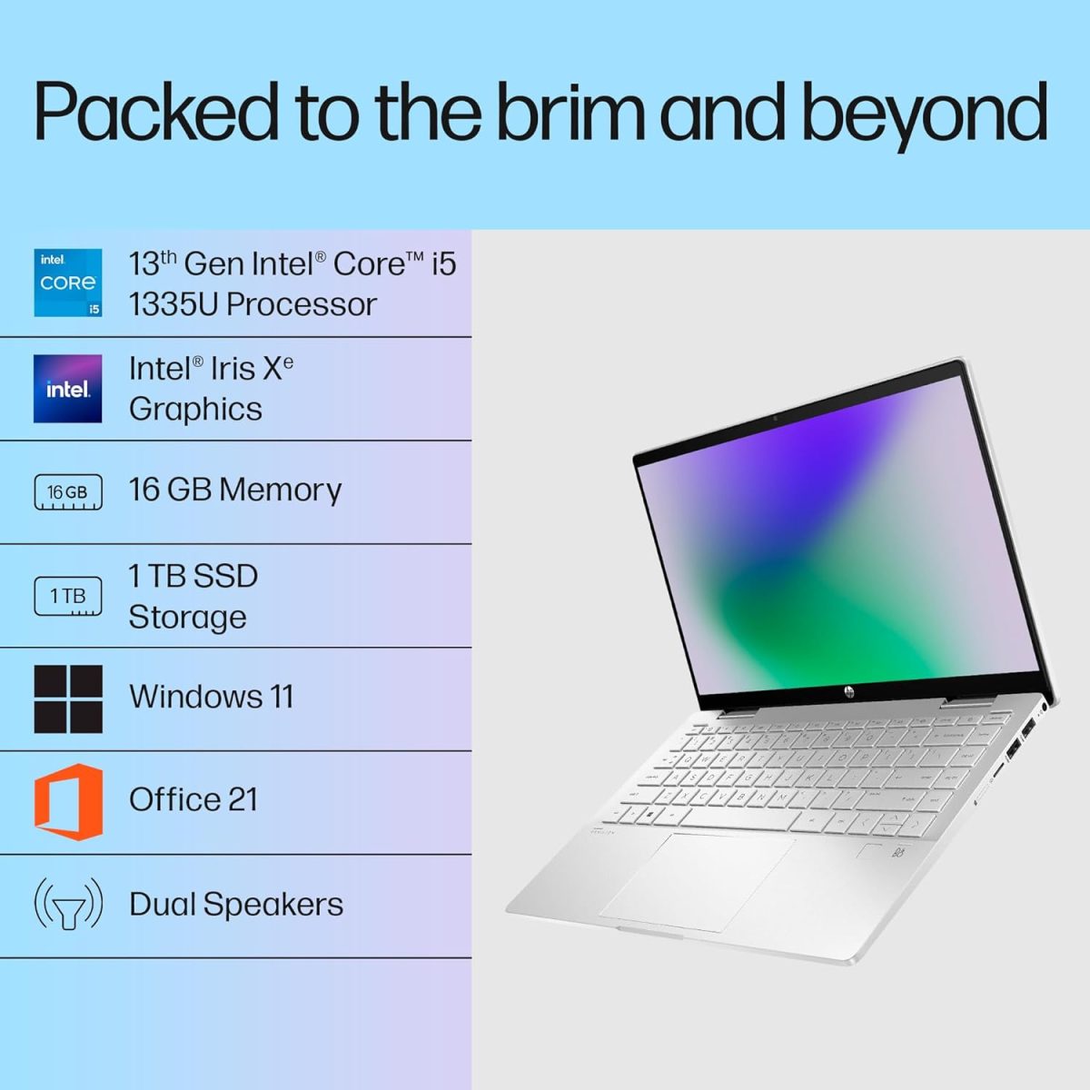 HP Pavilion x360, 13th Gen Intel Core i5-1335U, 14-inch (35.6 cm), FHD, Touchscreen, 16GB DDR4, 1TB SSD, FPR, 5 MP Camera, Backlit KB, Audio by B&O, Pen (Win 11, MSO 2021, Silver, 1.51 kg), ek1010TU - Image 2