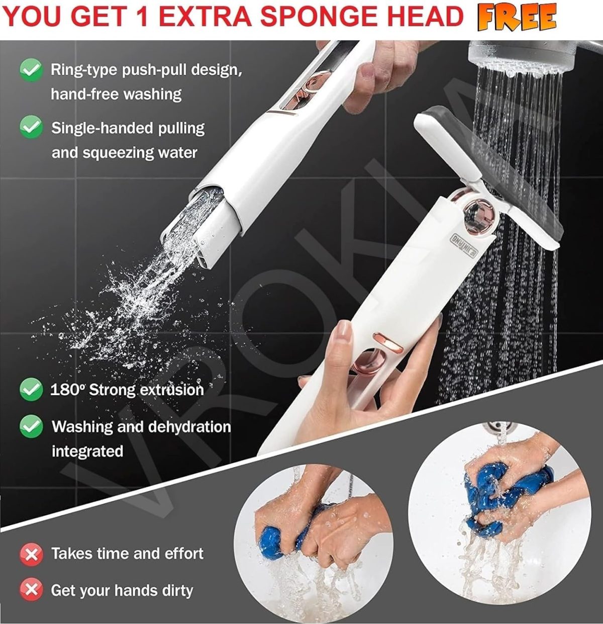 VROKLA Mini Mop for Kitchen, Floor, Glass, Car & More - 2 Sponges, Self Squeeze, Strong Absorbent, Wet & Dry Use, Multicolour, ABS & Sponge Material - Image 2