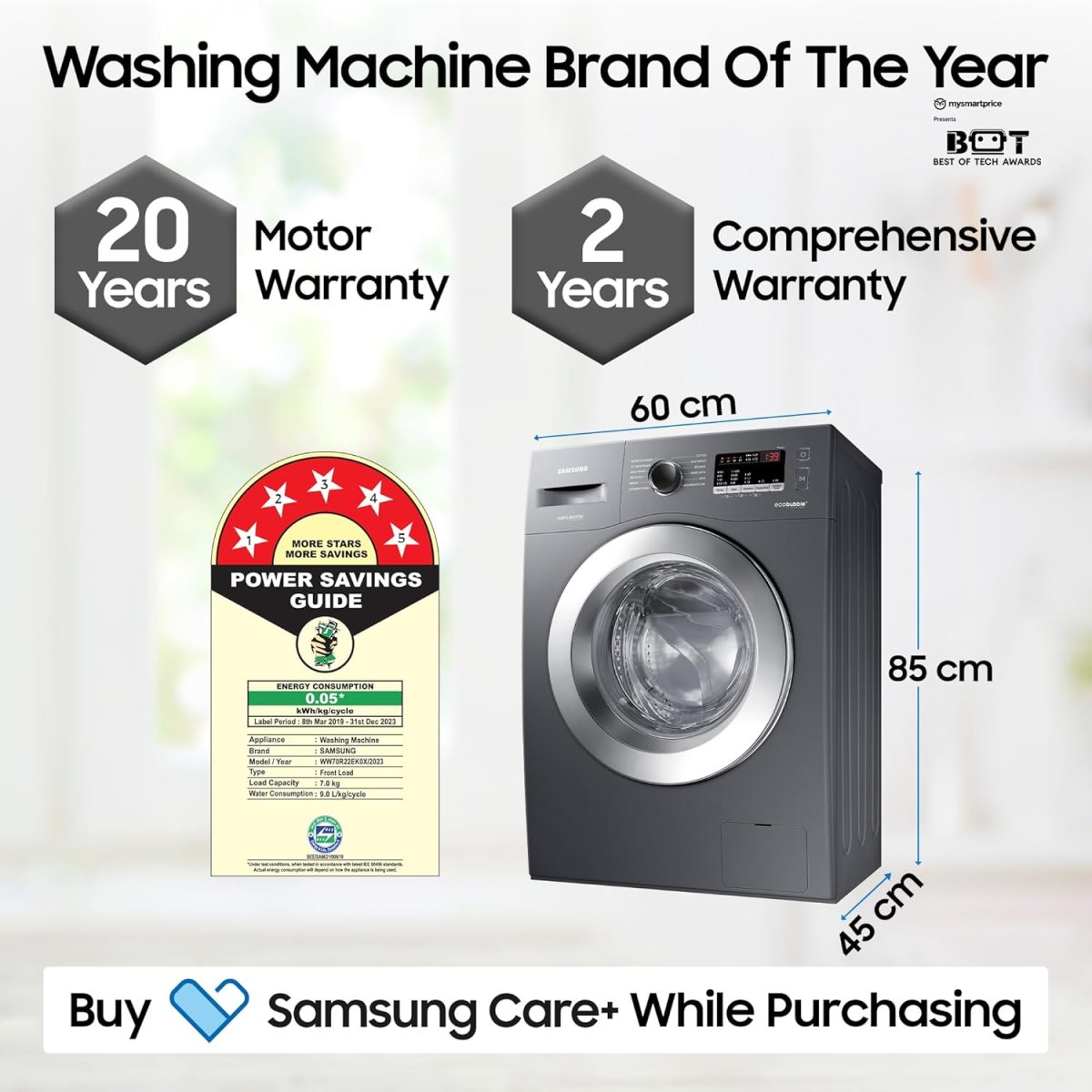 Samsung 7 kg, 5 star, EcoBubble Technology, Hygiene Steam with Inbuilt Heater, Digital Inverter, Fully-Automatic Front Load Washing Machine (WW70R22EK0X/TL, INOX GRAY) - Image 4