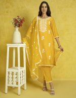 Kaari Women's Solid Color Kurta Set with Dupatta - Straight Fit | Silk Blend Fabric | Placement Embroidery on Neck | Organza Dupatta with Booti Work | Straight Pant with Side Pocket & Hem Embroidery - Image 4