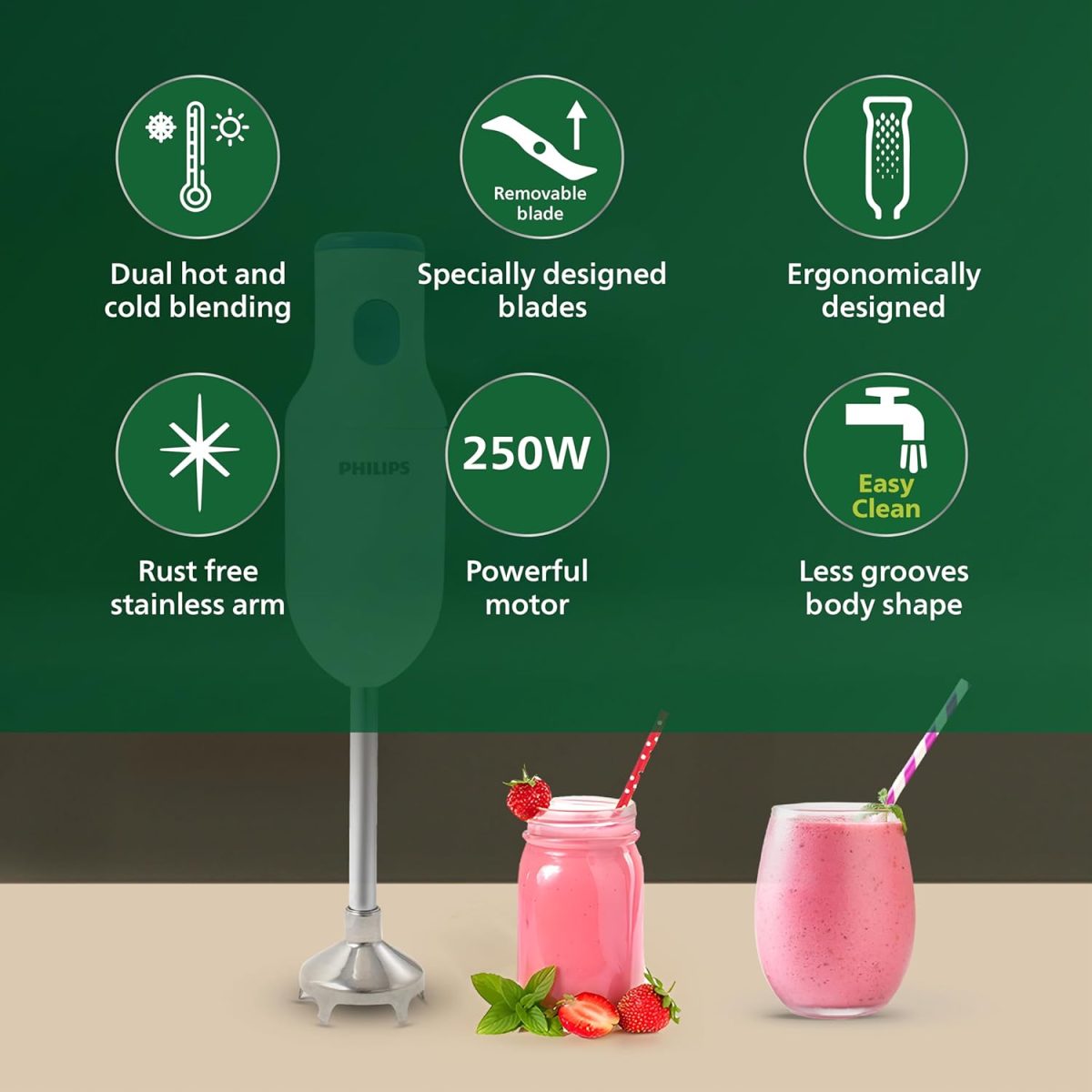 PHILIPS HL1655/00 Hand Blender | Powerful 250W Motor | with Rust free steel arm | Easy single trigger operation | Specially designed blades | Wall bracket for easy storage, 2year warranty Blue & White - Image 2