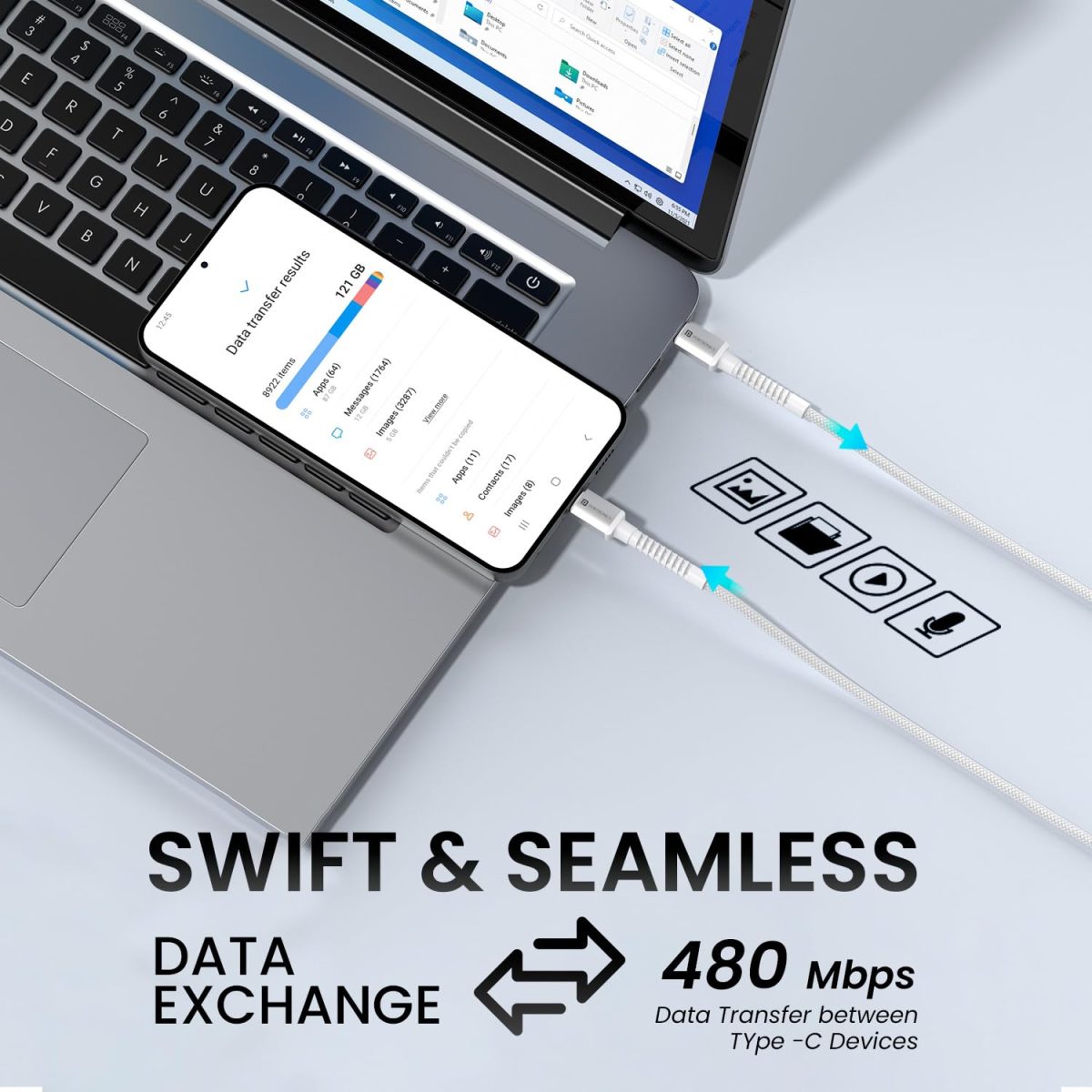 Portronics Konnect X 60W Type C to Type C Unbreakable Nylon Braided Cable, 2M Fast Charging Cable for iPhone 15 series, iPad, Samsung Galaxy & other Type C Devices(White) - Image 3